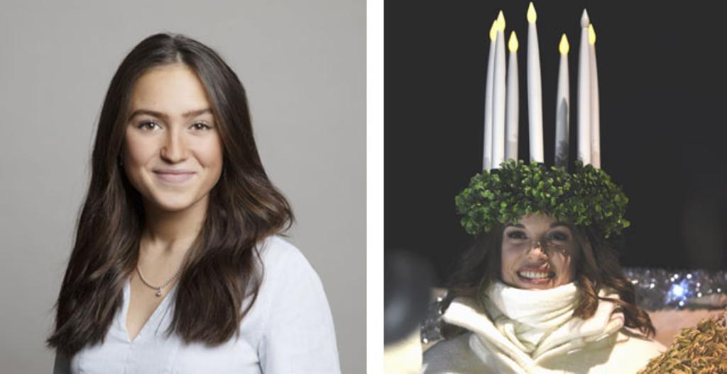 Till vänster ser vi Ingrid Enkell som är Finlands Lucia i år. Till höger ser vi Sara Ray som var Finlands Lucia i fjol.
