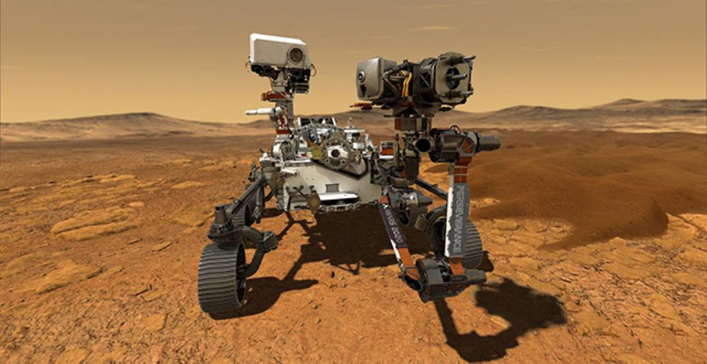 En tecknad bild på roboten som undersöker planeten Mars.