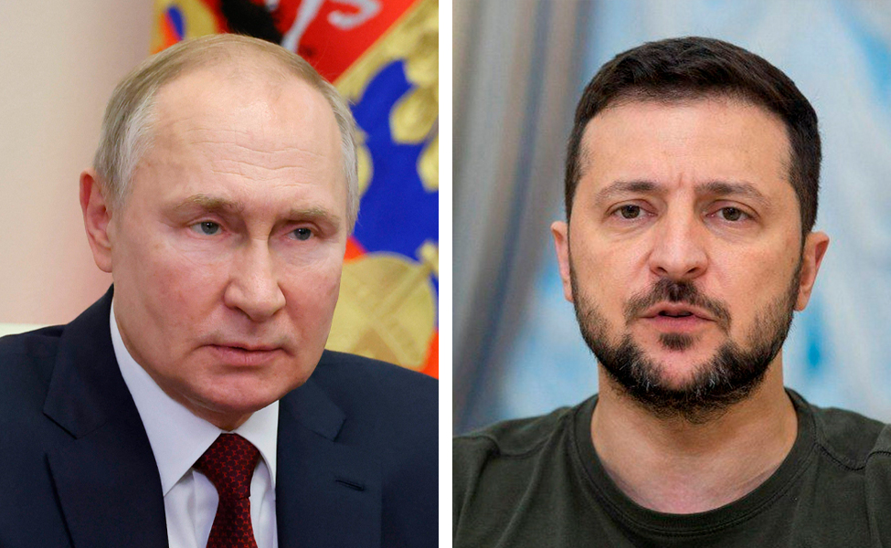 Till vänster Rysslands president Vladimir Putin och till höger Ukrainas president Volodymyr Zelenskyj.