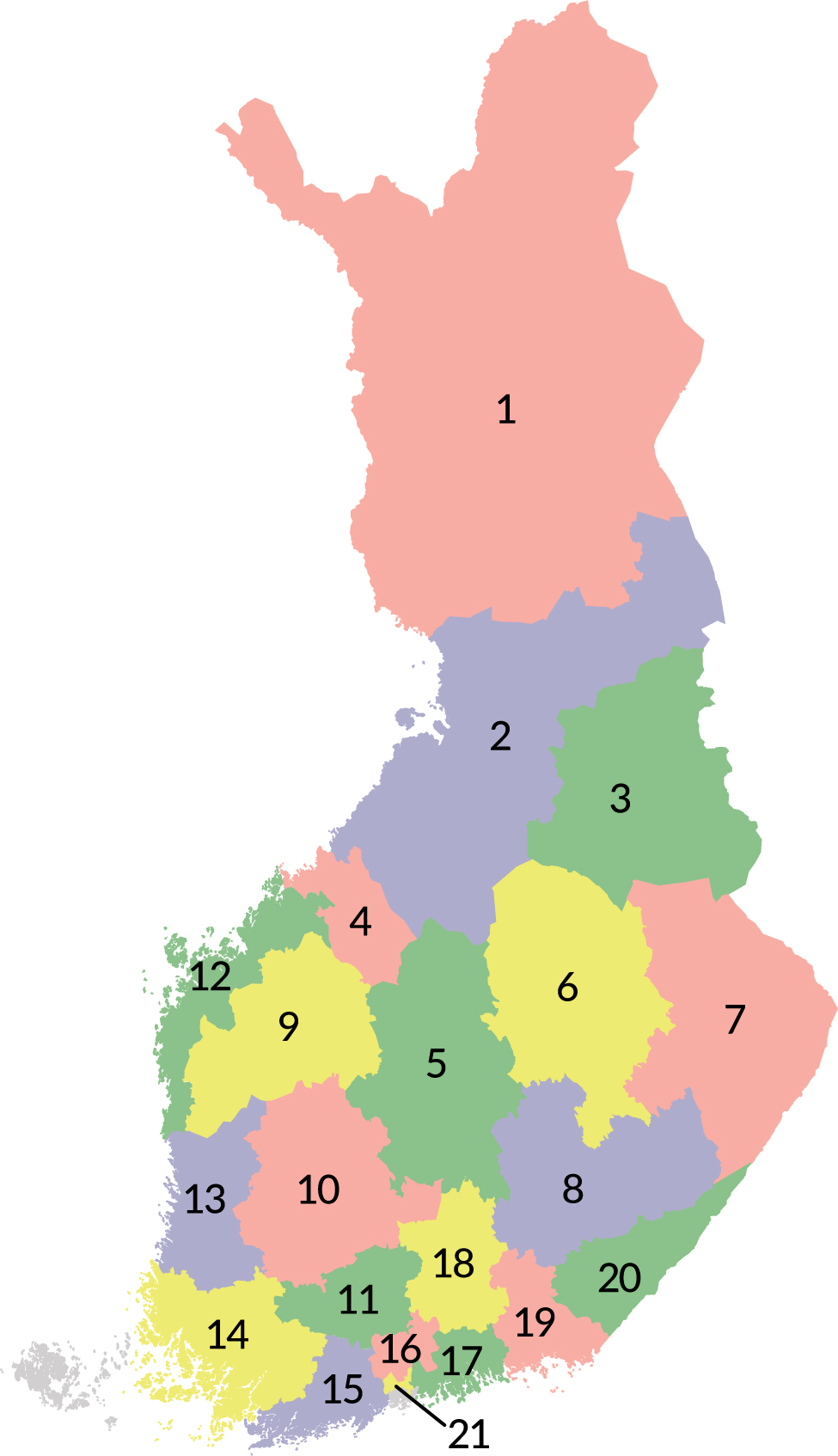 Finlands karta. Där finns siffror och olika färger på olika områden.