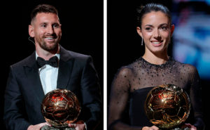 Bildmontage. Porträttbilder av Messi och Bonmati.