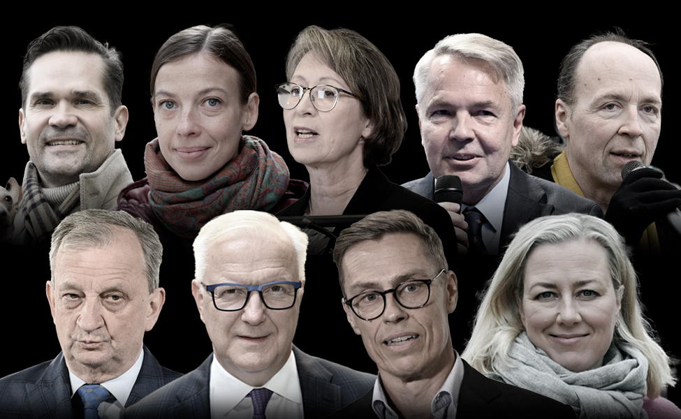 Presidentkandidaterna i valet. Övre raden från vänster: Mika Aaltola, Li Andersson, Sari Essayah, Pekka Haavisto och Jussi Halla-aho. Nedre raden från vänster: Harry Harkimo, Olli Rehn, Alexander Stubb och Jutta Urpilainen.