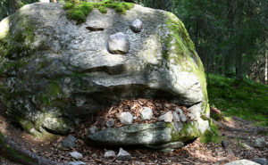 En sten med mossa på. Stenen finns i en skog.