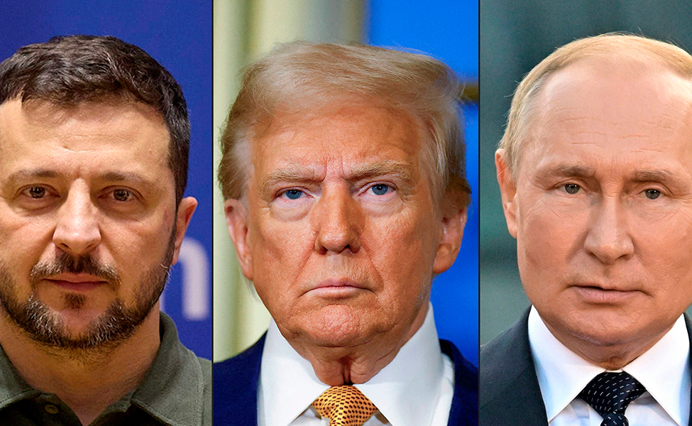 porträtt av presidenterna Zelenskyj, Trump och Putin.